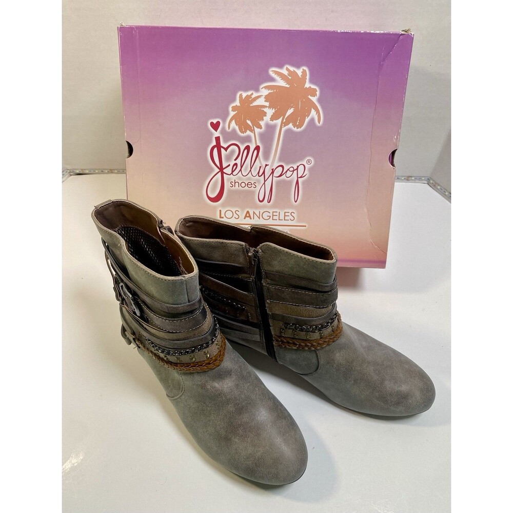 Jellypop Womens Gray Distress Ankle Boots Sz 9 Bobcat Side Zip Multistrap New